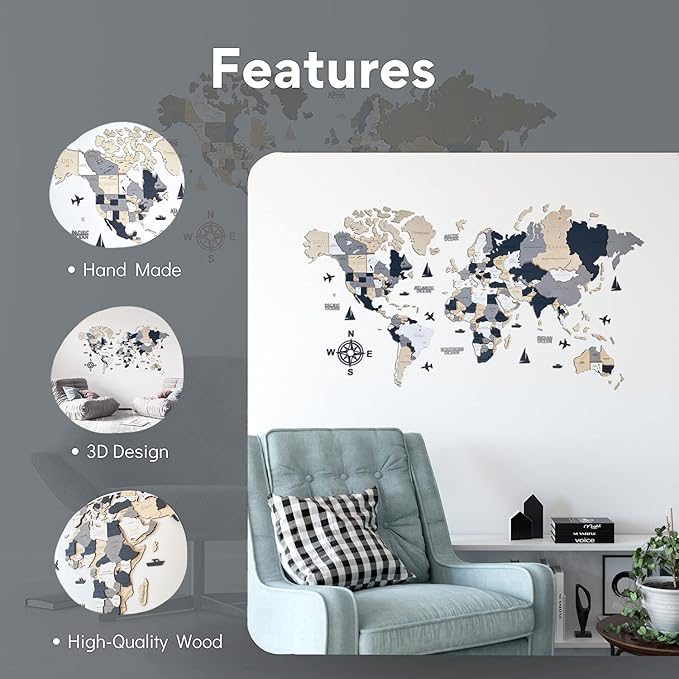 Wooden World Map 3D Art Large Wall Decor - Size (M, L, XL) Any Occasion Gift Idea - Wall Art For Home, Kitchen or Office