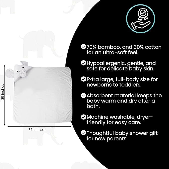 Premium Hooded Towel - 500GSM Viscose derived from Bamboo Cotton Baby Towels - Ultra Soft & Absorbent, Extra Large 35” x 35”, Hypoallergenic, Machine Washable Toddler Towel - Elephant