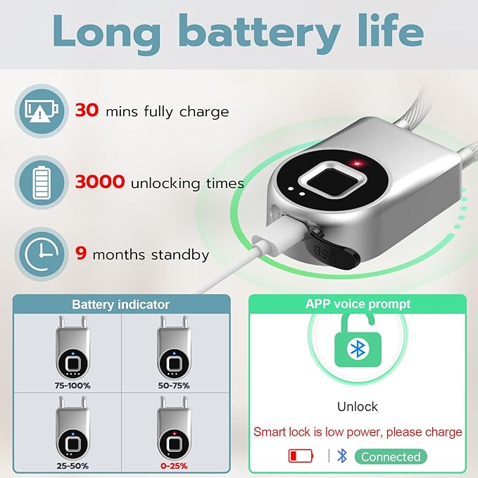 Fingerprint Cable Lock, Fridge Lock with Fingerprint Bluetooth APP Control, Smart Biometric Waterproof Child-Proof Refrigerator Locks for Kids & Adults Fridge French Door Cabinet Gate