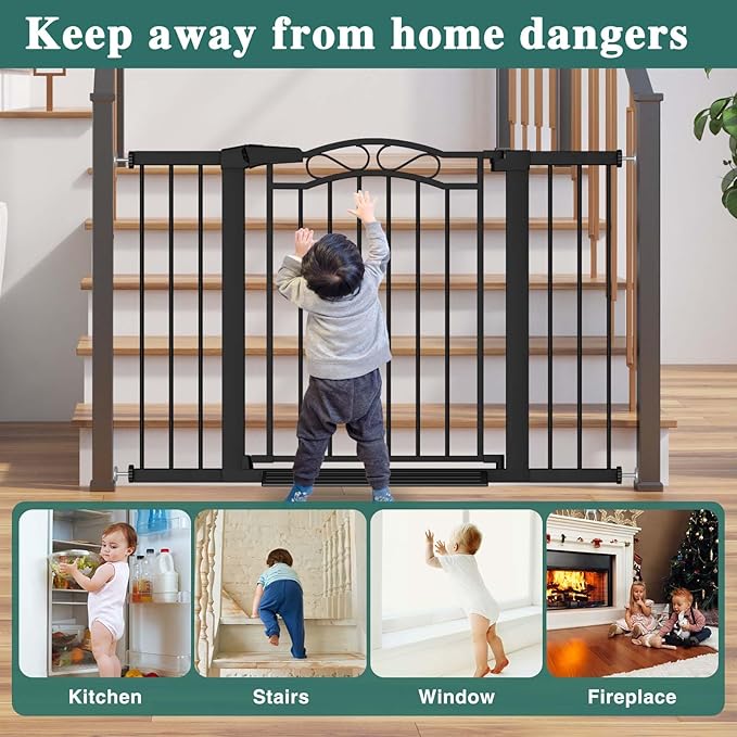 29.5"-40.5" Extra Wide Baby Gate, Pressure Mount Metal Long Dog Gates for House Stairs Doorways, Auto Close Safety Child Gate with Walk Thru Door No Drilling, Tension Pet Gate Indoor for Kids, Black