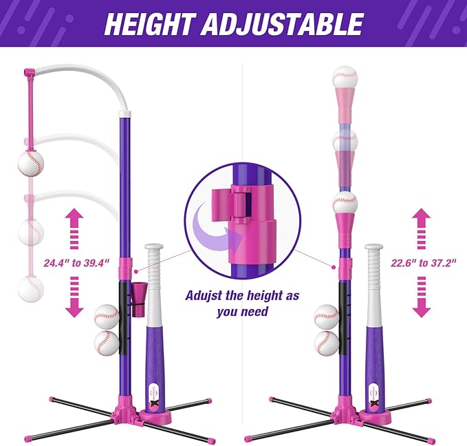 4 in 1 T Ball Sets for Kids 3-5 with Toss and Catch Ball Set, Hanging Tee Stand with Auto Pitching Machine/ 2 Bats, Indoor Outdoor Toys Baseball Gifts for Toddler Boys Girls, Purple