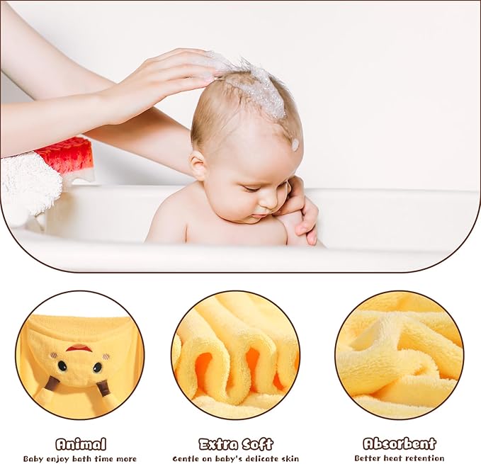 Hooded Toddler Bath Towels, 2 Pack Thick Towel for Kids with Animal Hood, Extra Large 50 x 32 inch for Baby 0-6 Years, Soft Absorbent Coral Fleece for Boys & Girls, Pink Ribbit & Yellow Bee