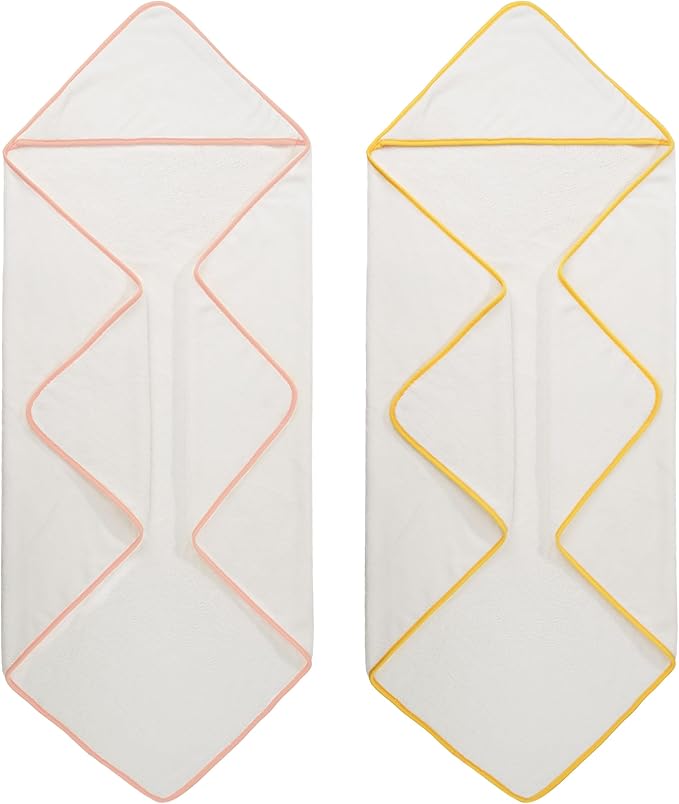 POLYTE Premium Hypoallergenic Microfiber Hooded Baby Bath Towel, 36 x 36 in, 2 Pack (White w/Yellow,Pink Trim)