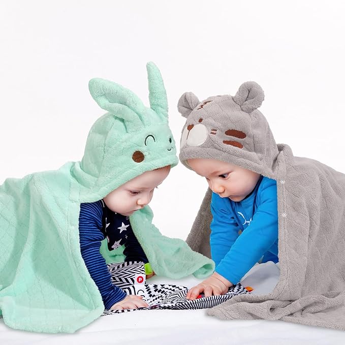 Toddler Towels with Hood, Toddler Bath Towel, 2 Pcs Coral Fleece Hooded Towel,Hooded Bath Towels with 1-3 Large Size 50 * 32 Inch Baby Towel Green&Grey Set