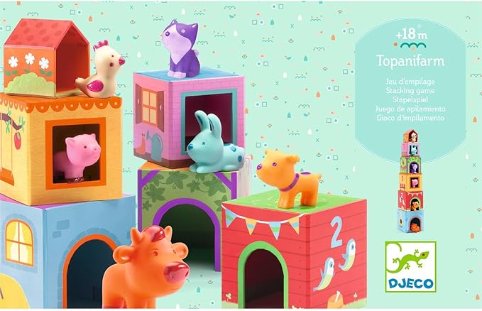DJECO - Topanifarm Blocks - Build a Farm, Wooden Blocks & Animal Toys - Sorting & Stacking - Enhances Fine Motor Skills - Durable Playtime - Cute Design - Preschool Kids 18+ Months