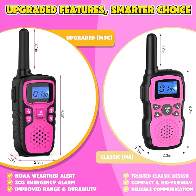 Wishouse Walkie Talkies for Kids Rechargeable Long Range,Xmas Birthday Gift for 4 5 6 7 8 9 Year Old Girls,Hiking Gear Camping Games Cool Toys with NOAA,SOS Siren,Lamp,Lanyards,Easy to Use,2 Pack