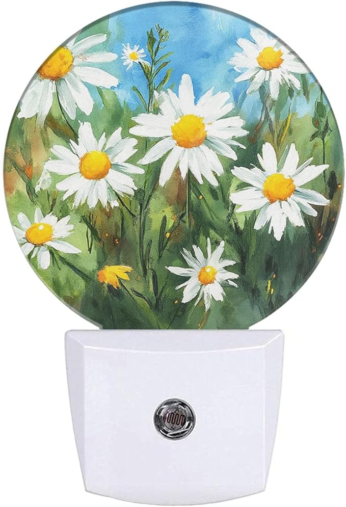 EKOBLA White Daisies Night Light Spring Garden Flower Daisy Night Lights Plug into Wall for Men Women Girls Boys, Dusk to Dawn Nightlight 0.5W Sleep Friendly