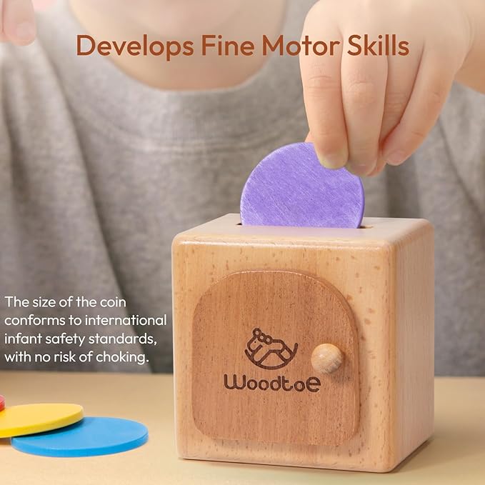 Woodtoe Montessori Coin Box for Toddlers, Montessori Toys for 1 2 3 Year Old, Fine Motor Skills Toys, Wooden Color Sorting Sensory Toy, Object Permanence Learning Matching Travel Game for Boys Girls
