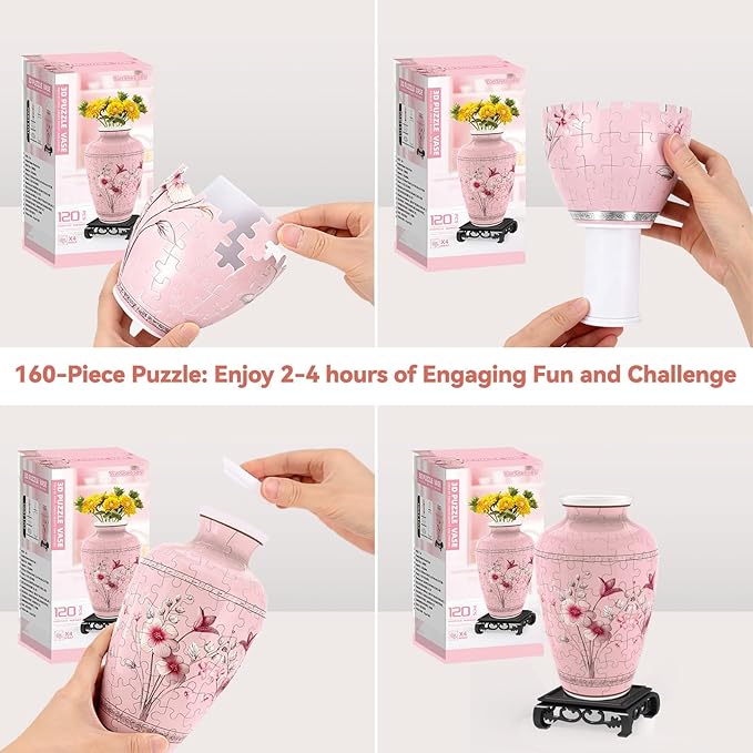 3D Puzzles Vase for Adults, Crafts for Adults, 120 Pieces Plastic DIY Unique Flower Vase with LED Light House Warming Gift Birthday Gifts for Flower Arrangements and Home Decor (Pink)