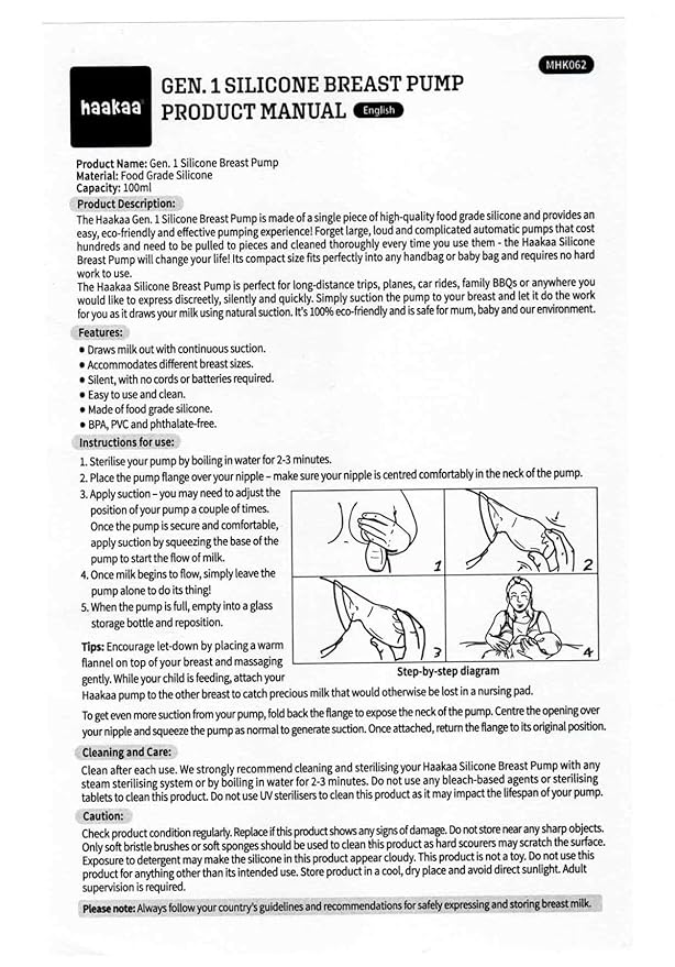 haakaa Manual Breast Pump for Breastfeeding, Silicone, Clear 4oz/100ml