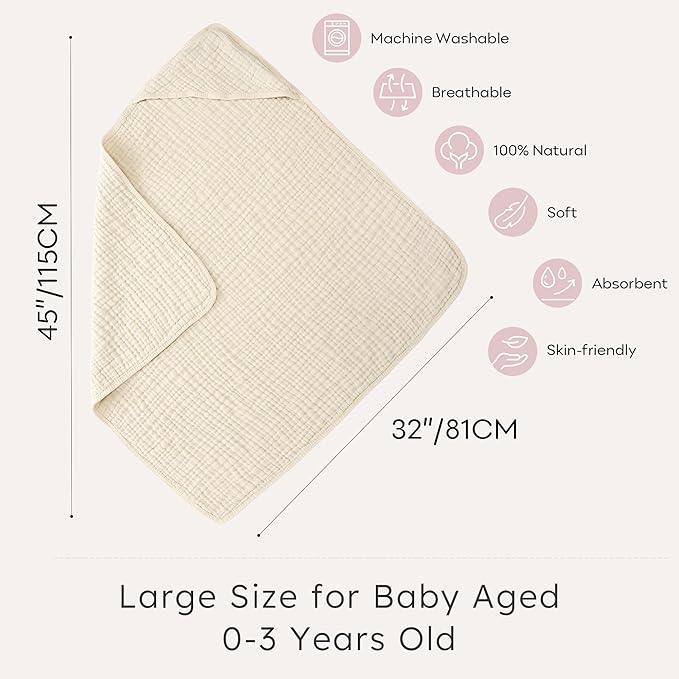 Looxii Baby Bath Towels 2 Pack Muslin Hooded Baby Towels for Newborn and Infants, 100% Cotton, Large 32x32Inch, Soft and Absorbent Beige+Pink