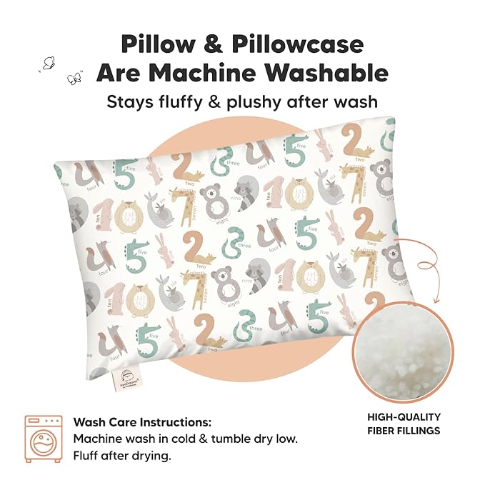 Toddler Pillow with Pillowcase - 13x18 My Little Dreamy Kids Travel Bed Pillows for Sleeping, Organic Cotton Small Pillowcase, Soft & Breathable, Machine Washable, Toddlers 2-5 Years Old (Wild Count)