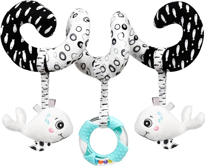 Baby Spiral Hanging Stroller and Car Seat Toys Black and White High Contrast Sensory Toy Newborn Plush Activity Toys Party Favors Quality Gifts for Baby Shower-Whale