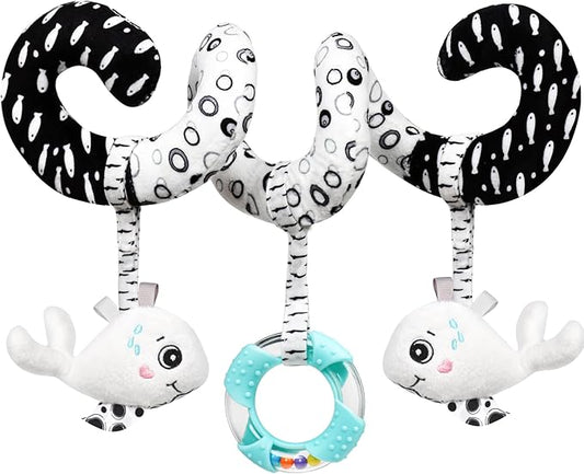 Baby Spiral Hanging Stroller and Car Seat Toys Black and White High Contrast Sensory Toy Newborn Plush Activity Toys Party Favors Quality Gifts for Baby Shower-Whale
