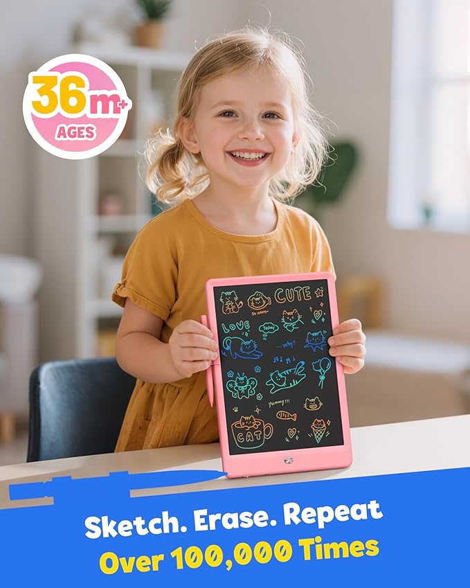 TEKFUN LCD Writing Tablet Doodle Board, 10inch Colorful Drawing Pad for Kids, Mess Free Coloring for Toddlers, Toys Gifts for 3 4 5 6 7 8 Year Old Girls Boys (Pink)