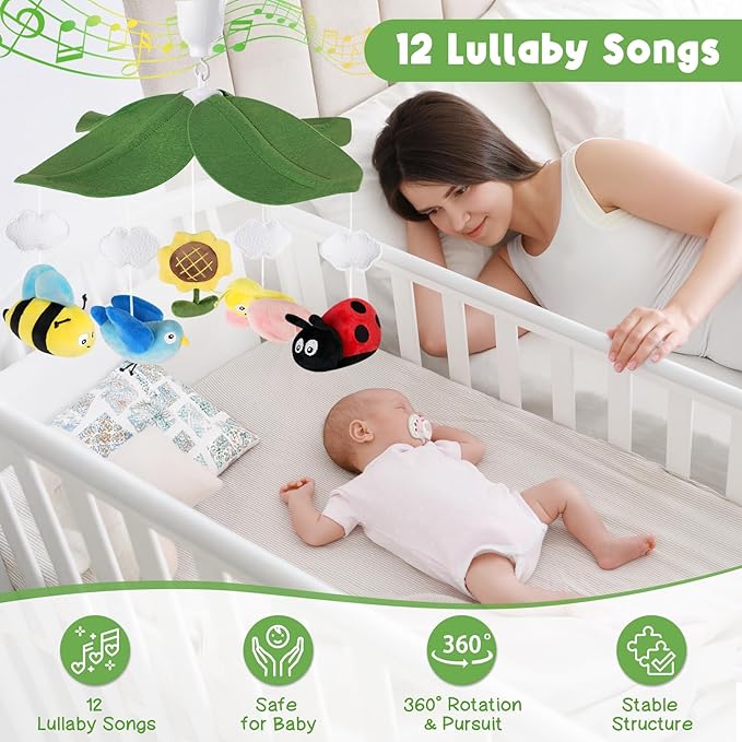 Garden Friends Crib Mobile – Baby Mobile for Crib with Upgraded 3-Mode Music Box, Nursery Mobile with Butterflies, Bees, Birds for Boys & Girls, Fits Standard Cribs, Forest Nursery Decor