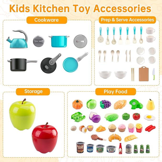 100Pcs Kitchen Playset, Kids Pretend Cooking Play Pots, Pans, Utensils, Cookware, Toy Food Fruits Veggies, with 2 Large Apple - Shaped Storage, Toddler Cooking Learning Gift (Turquoise)