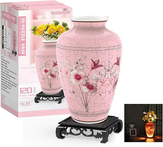 3D Puzzles Vase for Adults, Crafts for Adults, 120 Pieces Plastic DIY Unique Flower Vase with LED Light House Warming Gift Birthday Gifts for Flower Arrangements and Home Decor (Pink)