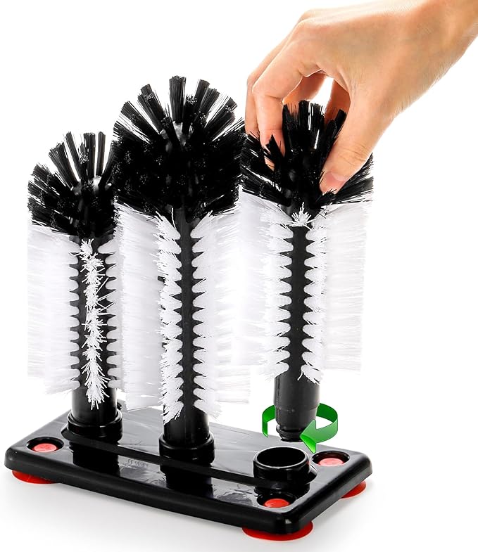 Yesland Water Bottle Cleaning Brush with Suction Base, 3 Head Removable Glass Washer Bristle Brush Cleaner for Long Leg Cup, Beer Cup, Red Wine Glass, Bar, Kitchen, Sink, Home Tools