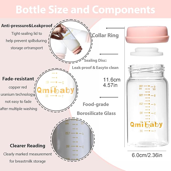 Breast Milk Storage Bottles 180ml 6oz BPA-Free Leak-Proof Baby Bottle for Breastmilk Storage Wide Neck Bottles with Screw Ring Sealing Disk Breastfeeding (Pink, 180ml-4Packs)