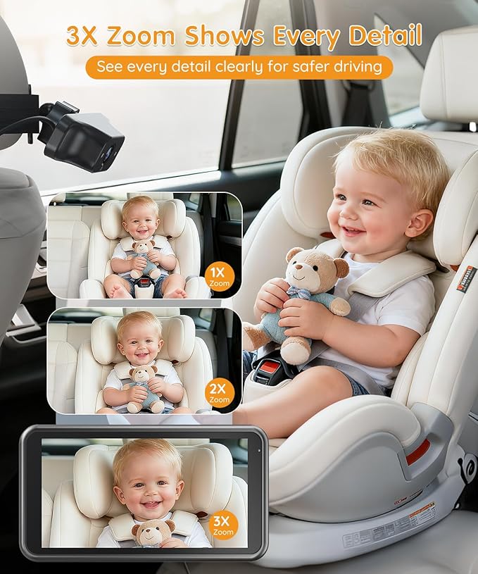 Babyvue BC1 Baby Car Camera, 4.5" 1080P HD Screen & 3X Zoom, AUTO IR Night Vision Car Baby Monitor with Adjustable Brightness, 2-Min Easy Install Car Seat Camera for Babies & Pets to Drive Safely