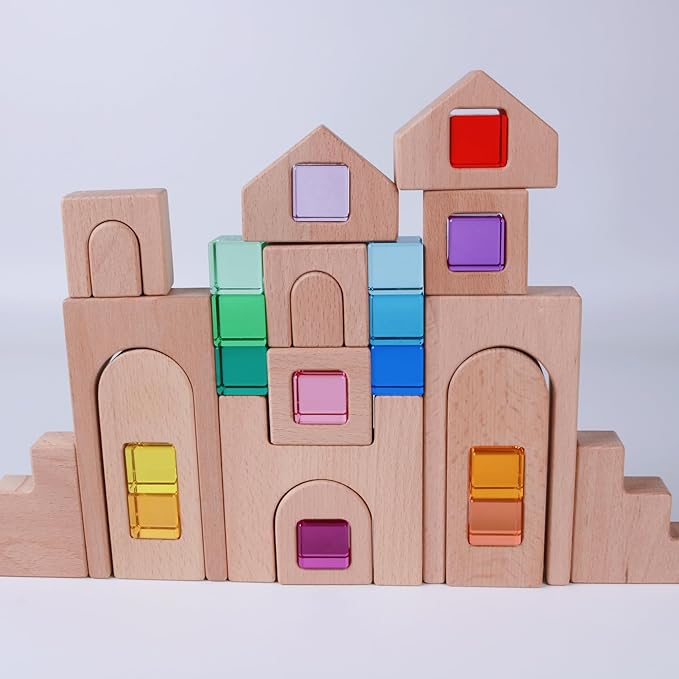 31PCS Wooden Castle Arch Building Blocks Set with Colorful Acrylic Inserts, Educational Construction Toy for Toddlers (31PCS Colorful House)
