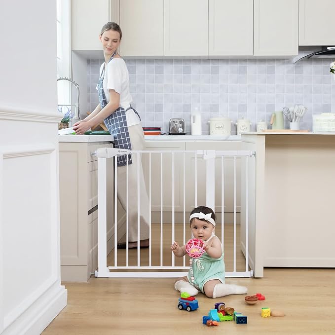 COMOMY 30" Tall Baby Gate for Stairs Doorways, Fits Openings 29.5" to 40.5" Wide, Auto Close Extra Wide Dog Gate for House, Pressure Mounted Easy Walk Through Pet Gate with Door, White