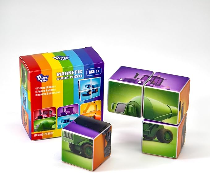 Magnetic Cubes for Toddler, 1.65 inch Large Building Blocks Tiles, Construction Vehicles Puzzles Game for Toddlers, STEM Educational Learning Toys for Boys & Girls Ages 1 2 3