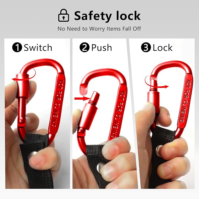 Stroller Hooks for Bags with Locking Stroller Carabiner Clip – Heavy-Duty Hooks for Diaper Bags, Groceries, Backpacks on Strollers, Bikes & Shopping Carts (Red, 4 Pieces)