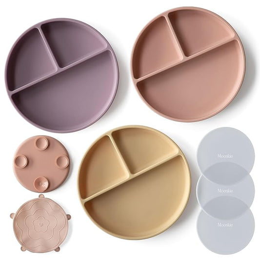 Moonkie Suction Plates for Baby | 100% Silicone BPA-Free Baby Plates with Lids and Food Cover | Divided Design | Microwave and Dishwasher Safe | Toddler Plates 3 Pack