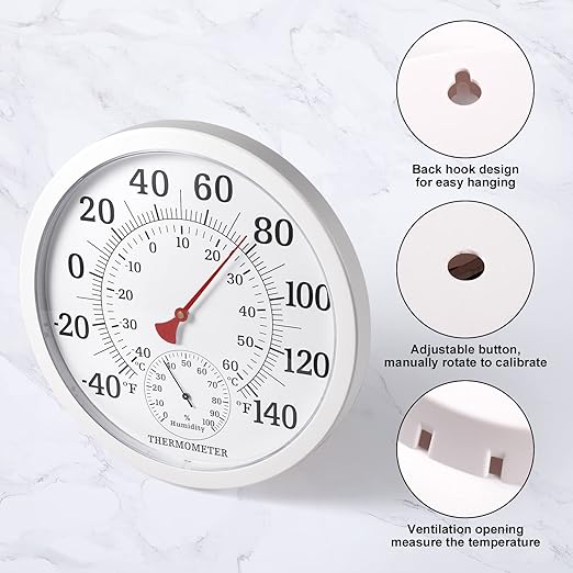 10.5 Inch Indoor Outdoor Thermometer Large Numbers - Weather Thermometer Hygrometer Waterproof, No Battery Needed Outdoor Thermometers for Patio, Home, Garden Decoration (White)