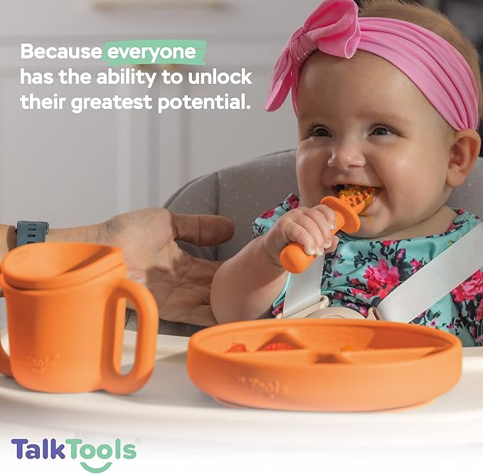 TalkTools ITSY Silicone Baby Plates Set with Suction – Feeding Essentials for Toddlers 6–12 Months+ | BLW Mealtime Set with Twin Spoon, Spill-Proof Sippy Cup | Self-Feeding Utensils (Tangerine)