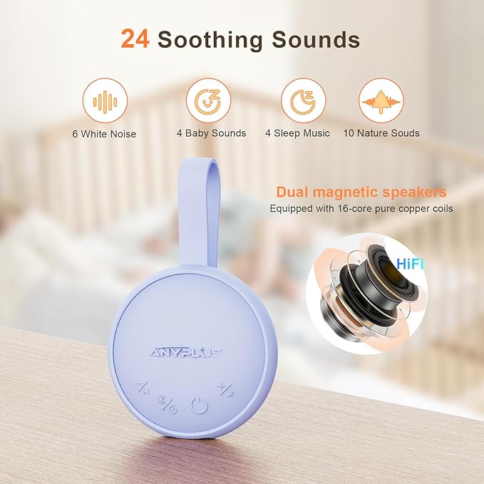 White Noise Sound Machine, Portable Sound Machine for Sleeping Adults & Baby, with Bluetooth 5.1/24 Soothing Sounds/Battery Powered/3 Timer Memory Function for Office/Bedroom/Travel（Purple）