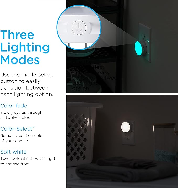 Lights by Night Color Changing Mini LED Night Light, Plug-in, Dusk to Dawn Sensor, Compact, 3 Modes, Ambient Lighting, for Kids or Adults, Bedroom, Bathroom, Nursery, Hallway, 4 Pack, 72961