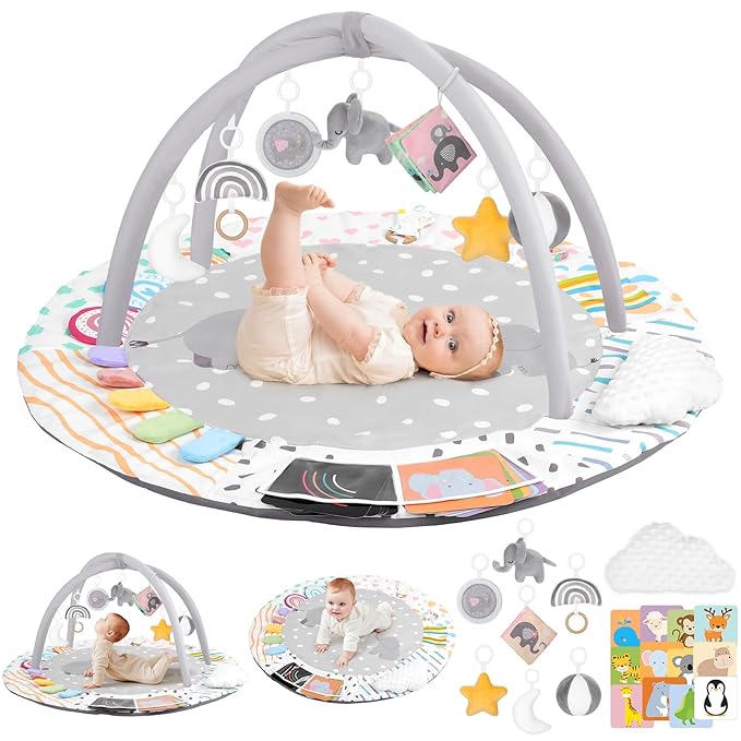 Baby Play Gym & Activity Mat, Tummy Time Mat with Tummy Time Pillow 7 Detachable Sensory Toys and Educational Cards for Motor Skills & Sensory Development, Baby Essentials Shower Gift, Grey Elephant