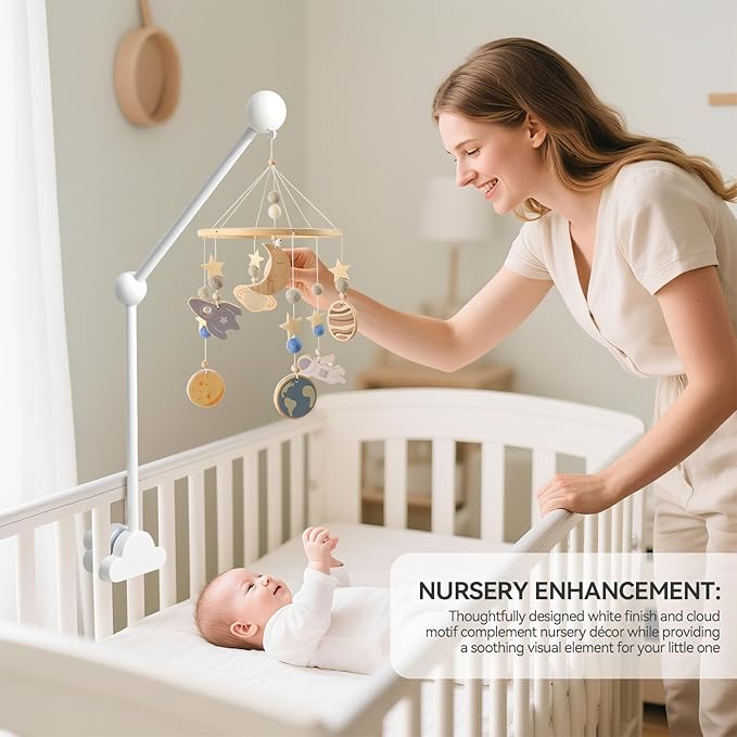 OESSUF Baby Crib Mobile Arm, 27 Inch Wood Hanger, White Cloud Design, Nursery Mobile Holder for Cot Bed (White)