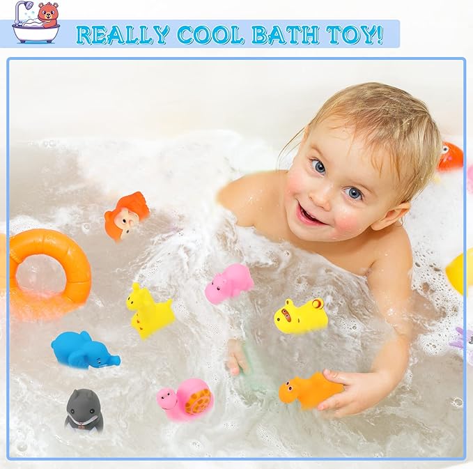 Chivao 50 Pcs Baby Bath Toys Bulk Infant Water Float Squeak Rubber Bathtub Pool Toy for Toddlers Kids Baby Shower Party Favors Birthday Gifts, Ocean Animals, Random Style(Jungle Style)