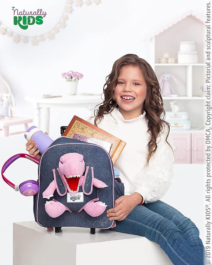 Toddler Luggage w Pink Dinosaur Toys, Kids Rolling Backpack for Girls, Boys, Toddler Suitcase, Gifts for 3 4 5 6 Year Old