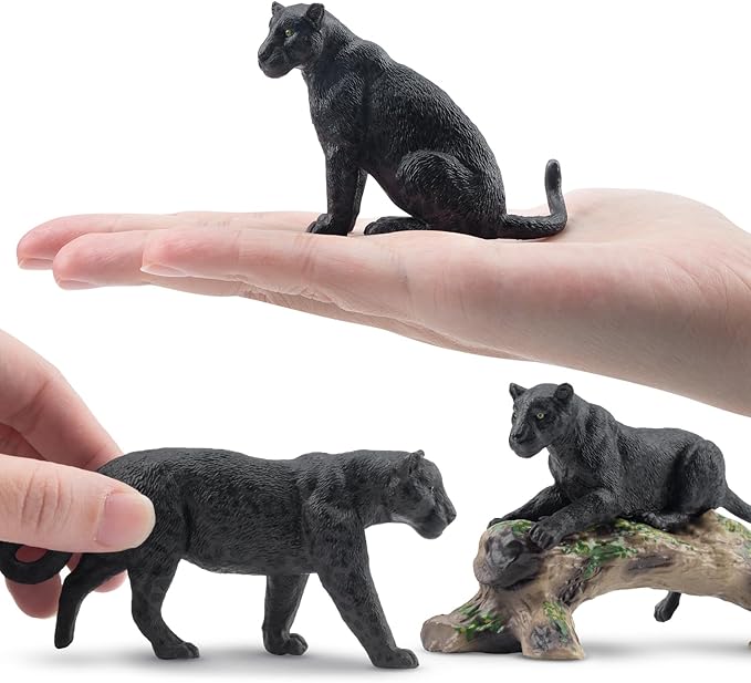 Toymany 7PCS Black Panthers Figurines with Panther Cub and Tree Trunk, Realistic Jungle Animals Figures Family Playset, Educational Toy Cake Toppers