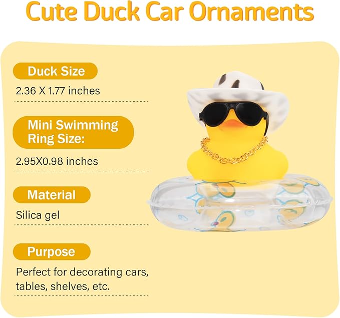 wonuu Car Rubber Duck, Yellow Duck Decoration Dashboard with Sun Hat Swim Ring Necklace Sunglasses for Car Dashboard Decorations