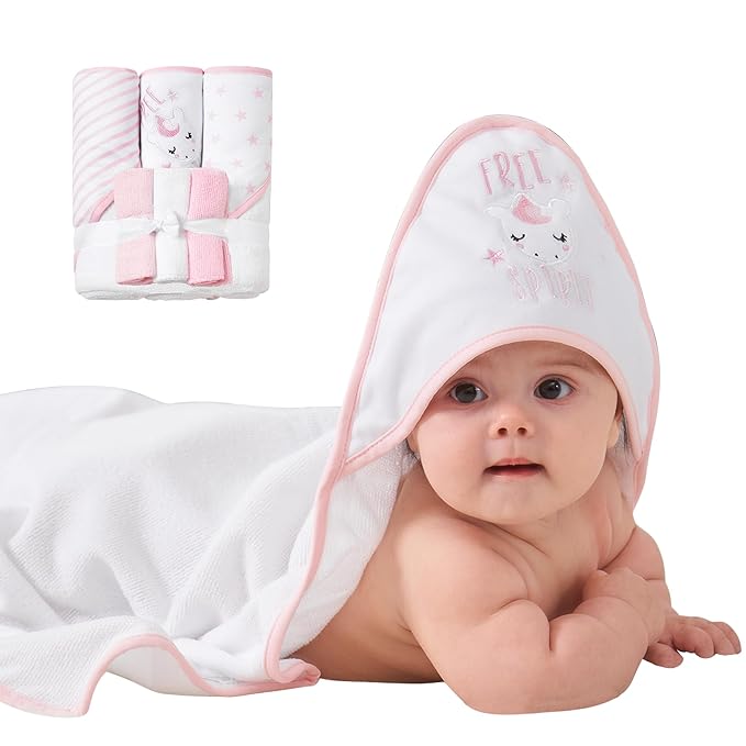 Viviland Baby Towels and Wash Cloths Set - Hooded Towels, Face Towels, Burp Cloths or Wipes - Absorbent Bath Towels - 6-Pack, Size 28 x 28 Inch (Pink Unicorn)
