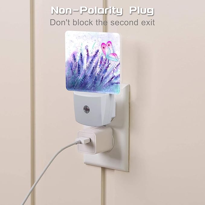 Lavender with Pink Butterfly Night Light for Kids, Watercolor Purple Meadow Floral Night Light Plug in with Dusk to Dawn Sensor, 0.5w Energy Saving Nightlight for Hallway Stairway Kitchen Bedroom