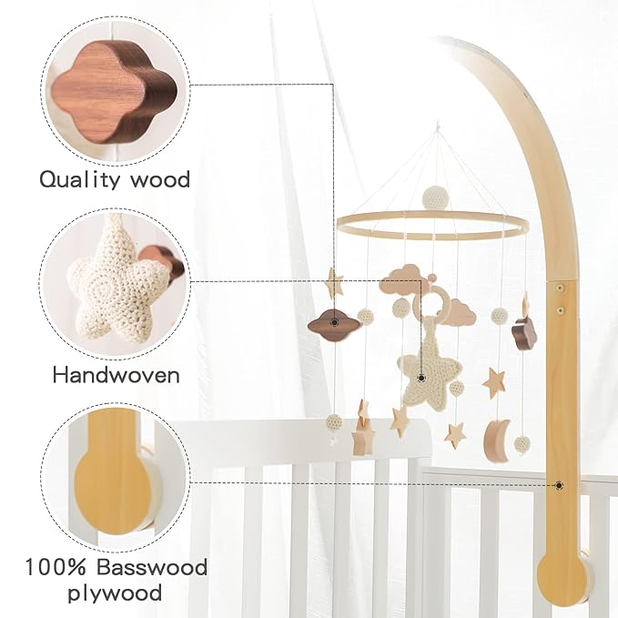 let's make Baby Crib Mobile with Arm Boho Star Moon Nursery Mobile Set Wooden Baby Mobile Holder for Hanging Nursery Decor Ceiling Mobile