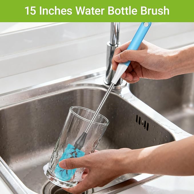 3-in-1 Bottle Brush, 15 Inches Long Handle Kitchen Water Bottle Brush, Stainless Steel Bottle Cleaner Brush with Straw Brush & Lid Brushe for Cleaning Wine Glasses,Coffee Mugs,Tumblers,Wine Decanters