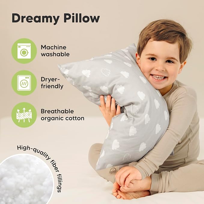 KeaBabies 2-Pack Toddler Pillow 13x18 - Soft Organic Cotton Kids Travel Bed Pillows for Sleeping, School, Nap, Machine Washable, Toddlers 2 to 5, Pillowcase Sold Separately (Cloud)