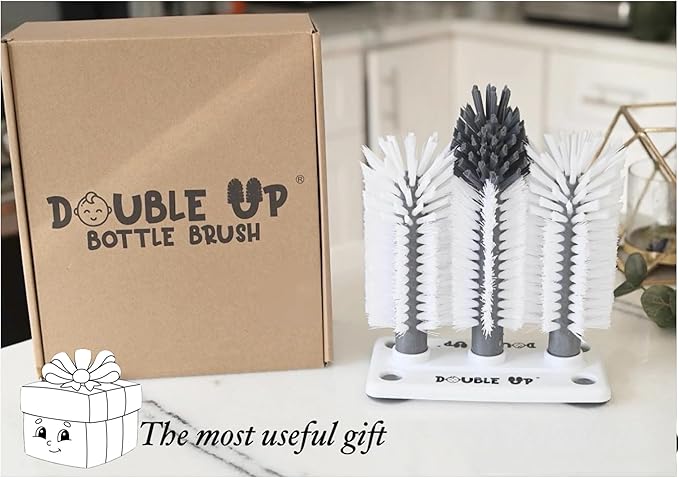 Double Baby Bottle Cleaning Brush Set with Suction Base - Cleans Two Bottles at Once - Includes Nipple Cleaner Brush - High Density Bristles, Dishwasher Safe - Baby Gift & Newborn Essential