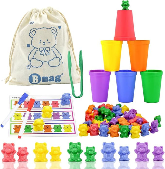 Bmag Counting Bears with Matching Sorting Cups, Preschool Math Learning Game with 24 Big and Little Bears, STEM Educational Learning Activities for Kids Age 3-5