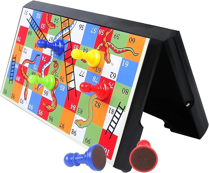 KIDAMI Magnetic Snakes and Ladders Game Set with Storage Box, Folding Design and Light-Weight, Gift for Kids and Adults (9.75 Inches)