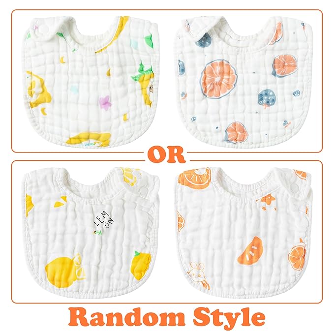 Zainpe 6Pcs Snap Muslin Cotton Baby Bibs Strawberry Lemon Avocado Pattern Infants Feeding Bib Adjustable Machine Washable Unisex Burp Cloths with 6 Absorbent & Soft Layers for Drooling and Teething