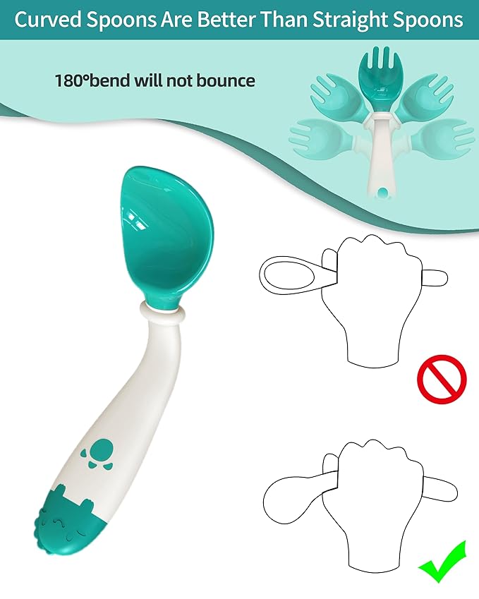 Deejoy Toddler Utensils with Travel Safe Case, Silicone Baby Spoons and Fork Set for Self Feeding, Toddlers Feeding Training Spoon, Easy Grip Heat-Resistant, Bendable Function (2 Sets, Green&Pink)